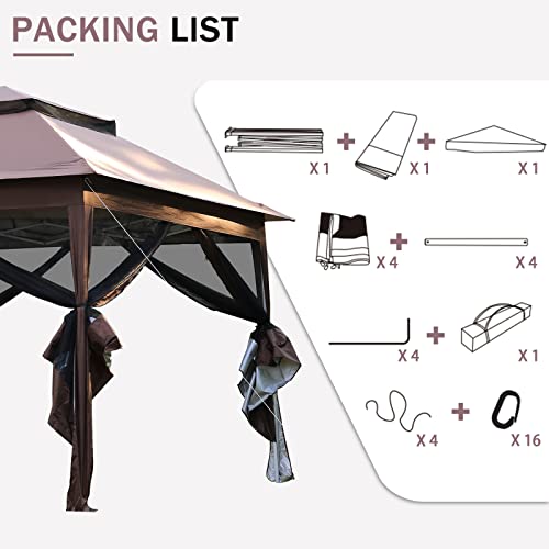 XXkseh 10x10 Pop-Up Instant Gazebo Tent with Mosquito Netting Outdoor Canopy Shelter with 112 Square Feet for Patio Garden Backyard (Brown)