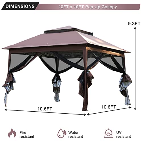 XXkseh 10x10 Pop-Up Instant Gazebo Tent with Mosquito Netting Outdoor Canopy Shelter with 112 Square Feet for Patio Garden Backyard (Brown)