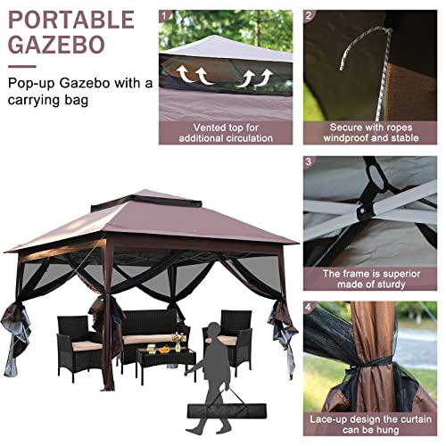 XXkseh 10x10 Pop-Up Instant Gazebo Tent with Mosquito Netting Outdoor Canopy Shelter with 112 Square Feet for Patio Garden Backyard (Brown)