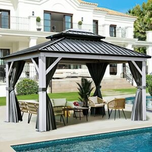 yitahome white gazebo 10x12ft hardtop double roof canopy galvanized iron aluminum frame outdoor gazebo with netting and shaded curtains garden tent for patio, backyard, deck and lawns, grey curtain