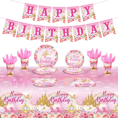 172 Pcs Princess Birthday Party Supplies Serves 24 Include Princess Castle Tablecloth Pink Princess Birthday Banner Princess Party Plates and Napkins Tableware Set for Girls Princess Theme Decorations