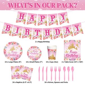 172 Pcs Princess Birthday Party Supplies Serves 24 Include Princess Castle Tablecloth Pink Princess Birthday Banner Princess Party Plates and Napkins Tableware Set for Girls Princess Theme Decorations