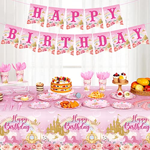 172 Pcs Princess Birthday Party Supplies Serves 24 Include Princess Castle Tablecloth Pink Princess Birthday Banner Princess Party Plates and Napkins Tableware Set for Girls Princess Theme Decorations