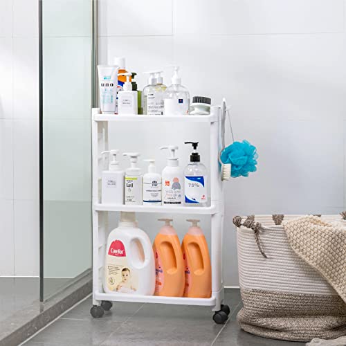 HAIXIN Slim Rolling Storage Cart, 3 Tier Bathroom Organizer Mobile Shelving Unit, Mobile Shelving Unit Storage Rolling Utility Cart, Tower Rack for Kitchen Bathroom Laundry Dorm Narrow Places, White