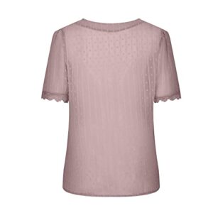 Women Lace Tunic Tops to Wear with Leggings Casual Solid Short Sleeve V-Neck Lace T-Shirt Blouse Tops Pink