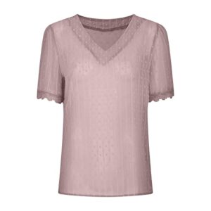 Women Lace Tunic Tops to Wear with Leggings Casual Solid Short Sleeve V-Neck Lace T-Shirt Blouse Tops Pink