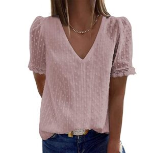 Women Lace Tunic Tops to Wear with Leggings Casual Solid Short Sleeve V-Neck Lace T-Shirt Blouse Tops Pink