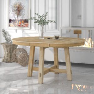 voohek round extendable dining table, with 16" traditional rustic drop leaf, for farmhouse kitchen room decor, natural wood
