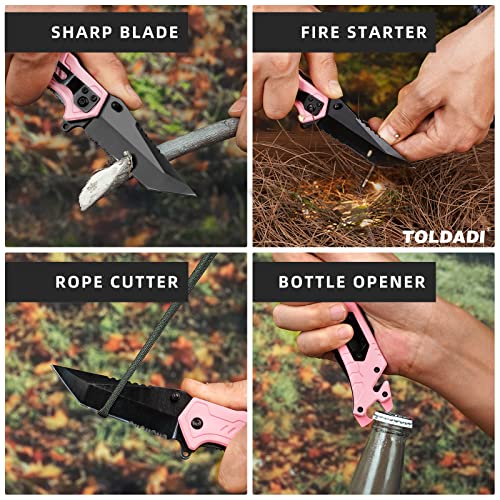 Toldadi 7-in-1 Multitool Pink Pocket Knife for Women - 3.2" Folding Pocket Knife with Spring Assisted Opening, Clip, Liner Lock - Versatile Tool for Outdoor, Camping, Survival, Hiking