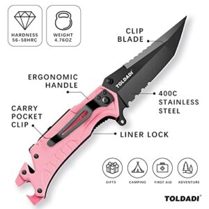 Toldadi 7-in-1 Multitool Pink Pocket Knife for Women - 3.2" Folding Pocket Knife with Spring Assisted Opening, Clip, Liner Lock - Versatile Tool for Outdoor, Camping, Survival, Hiking