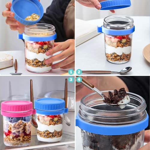 XANGNIER Overnight Oats Containers Lids and Spoon for Wide Mouth Mason Jar - 4 Pack Food Canisters Caps for Mason/Canning Jars Overnight Oats Accessories(Jars not Included)