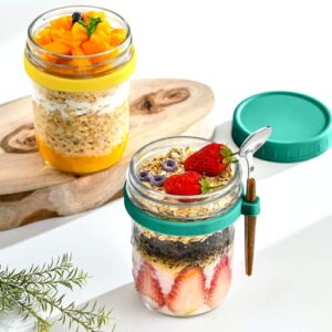 XANGNIER Overnight Oats Containers Lids and Spoon for Wide Mouth Mason Jar - 4 Pack Food Canisters Caps for Mason/Canning Jars Overnight Oats Accessories(Jars not Included)