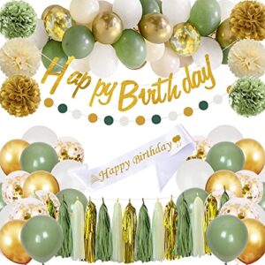 sage green birthday party decorations with happy birthday banner,gold fringe curtain,circle dots garland,tissue pompoms,paper tassels garland for girls women birthday decor