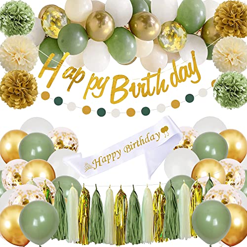 Sage Green Birthday Party Decorations with Happy Birthday Banner,Gold Fringe Curtain,Circle Dots Garland,Tissue Pompoms,Paper Tassels Garland for Girls Women Birthday Decor