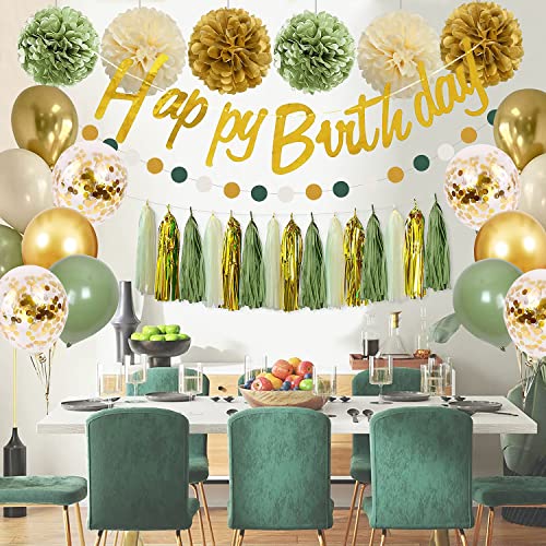 Sage Green Birthday Party Decorations with Happy Birthday Banner,Gold Fringe Curtain,Circle Dots Garland,Tissue Pompoms,Paper Tassels Garland for Girls Women Birthday Decor