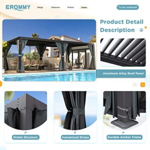 EROMMY 12' x 20' Outdoor Louvered Pergola, Patio Hardtop Gazebo, Sun Shade Shelter, Adjustable Metal Roof Hardtop Gazebo for Deck Patio Garden Yard, Curtains and Netting Included, Gray-Black