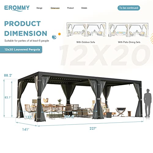 EROMMY 12' x 20' Outdoor Louvered Pergola, Patio Hardtop Gazebo, Sun Shade Shelter, Adjustable Metal Roof Hardtop Gazebo for Deck Patio Garden Yard, Curtains and Netting Included, Gray-Black