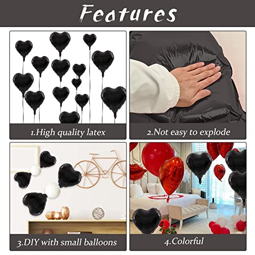 Biapian Foil Heart Balloons Black, 10PCS Black Heart Shape Balloons, Valentines Balloons 18inch Black Foil Balloon for Helium Valentine Decorations for Valentines Day, Wedding, Anniversary Decoration