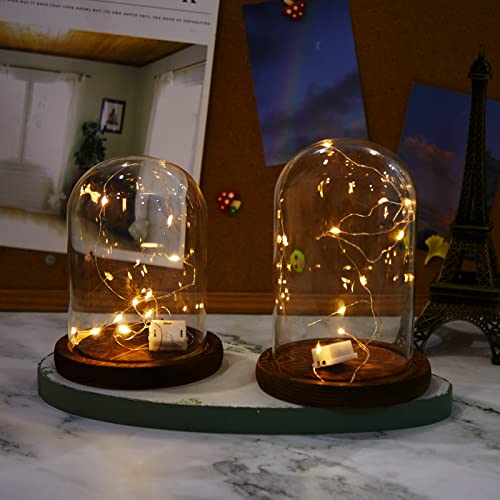 4 Pcs Clear Glass Dome Cloche with Led Fairy Light and Wood Base Set, Battery Operated Glass Cloche Glass Dome with Base Tabletop Bell Jar Display Case for Office Home Wedding Centerpiece (Coffee)