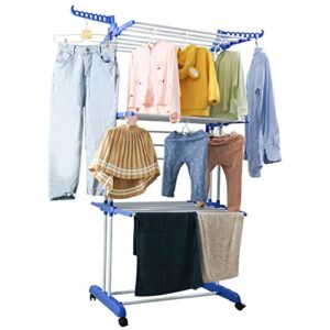 Foldable Clothes Drying Racks with Storage Shelves, Garment Rack with Rolling Free-Standing Clothing Rack Closet Organizer with Double Rods/Lockable Wheels & 2 Pairs Side Hooks (Blue)