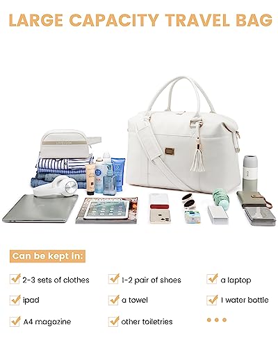 LOVEVOOK Travel Duffle Bag for Women, Leather Carry On Weekender Bag with Toiletry Bag, Cute Overnight Bag Tote Gym Duffel Bag with Wet Pocket for Hospital Yoga Sports Dance White