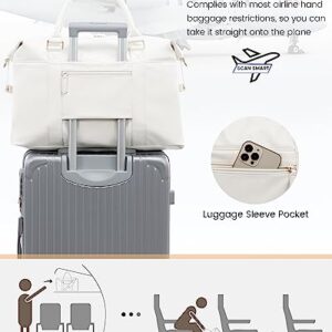 LOVEVOOK Travel Duffle Bag for Women, Leather Carry On Weekender Bag with Toiletry Bag, Cute Overnight Bag Tote Gym Duffel Bag with Wet Pocket for Hospital Yoga Sports Dance White