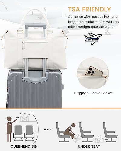 LOVEVOOK Travel Duffle Bag for Women, Leather Carry On Weekender Bag with Toiletry Bag, Cute Overnight Bag Tote Gym Duffel Bag with Wet Pocket for Hospital Yoga Sports Dance White