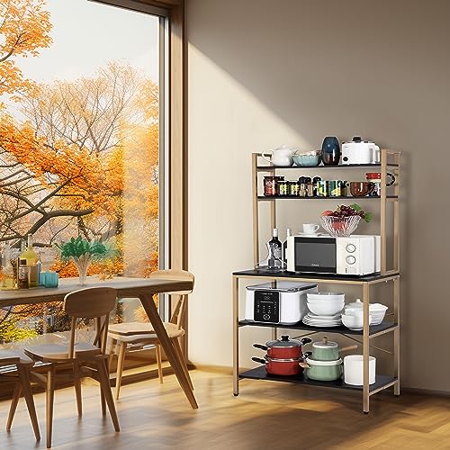 Finnhomy Bakers Racks for Kitchens Storage with Hutch, Coffee Bar Cabinet, Modern 5 Tier Kitchen Shelf Freestanding Microwave Stand Rack for Kitchen/Living Room/Office/Pantry, Gold+Black