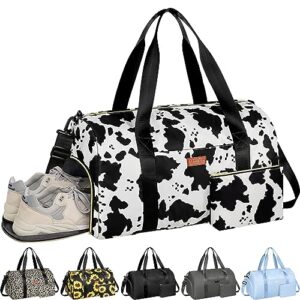 vankor gym bags for women men large, waterproof sports gym duffle bag with shoe compartment, cute gym duffel bag, portable workout weekender overnight weekend hospital tote bag cow print