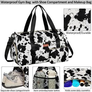 Vankor Gym Bags for Women Men Large, Waterproof Sports Gym Duffle Bag with Shoe Compartment, Cute Gym Duffel Bag, Portable Workout Weekender Overnight Weekend Hospital Tote Bag Cow Print