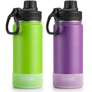 koodee insulated water bottle 2 pack-18 oz stainless steel vacuum metal sports water bottle with leakproof spout lid (apple green-purple)