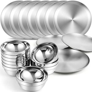 sunnyray 304 stainless steel plates and bowls metal camping plates reusable 13 oz steel snack bowls dinner dishes double walled insulated metal bowls (10 sets,8 x 8 inch)