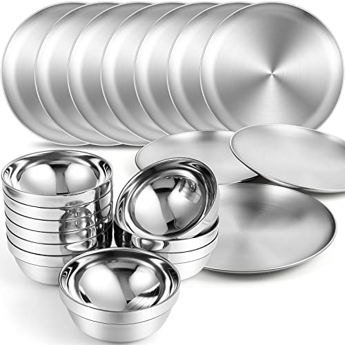 Sunnyray 304 Stainless Steel Plates and Bowls Metal Camping Plates Reusable 13 oz Steel Snack Bowls Dinner Dishes Double Walled Insulated Metal Bowls (10 Sets,8 x 8 Inch)