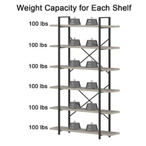 HSH 6 Tier Tall Bookshelf, Wood and Metal Vertical Display Book Shelf, Industrial 6 Shelf Bookcases and Book Shelves Storage Rack, Large Open Book Case for Bedroom Living Room Office, Light Grey Oak