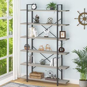hsh 6 tier tall bookshelf, wood and metal vertical display book shelf, industrial 6 shelf bookcases and book shelves storage rack, large open book case for bedroom living room office, light grey oak