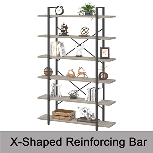 HSH 6 Tier Tall Bookshelf, Wood and Metal Vertical Display Book Shelf, Industrial 6 Shelf Bookcases and Book Shelves Storage Rack, Large Open Book Case for Bedroom Living Room Office, Light Grey Oak