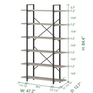 HSH 6 Tier Tall Bookshelf, Wood and Metal Vertical Display Book Shelf, Industrial 6 Shelf Bookcases and Book Shelves Storage Rack, Large Open Book Case for Bedroom Living Room Office, Light Grey Oak