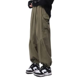 jumpway solid cotton cargo pants for women relaxed fit straight unisex parachute pants with drawstring hip hop y2k streetwear army green