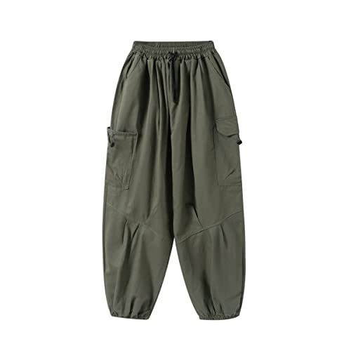 Jumpway Solid Cotton Cargo Pants for Women Relaxed Fit Straight Unisex Parachute Pants with Drawstring Hip Hop Y2K Streetwear Army Green