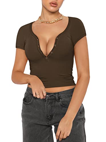 REORIA Women’s Summer Sexy Casual Henley V Neck Button Down Short Sleeve Going Out Y2K Ribbed Tshirts Crop Tops Coffee Large