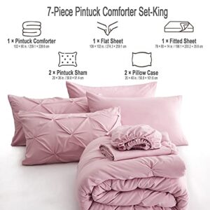 Ubauba King Size Comforter Set with Sheets-Pink 7 Pieces Pintuck Bed in a Bag King with Comforters, Sheets, Pillowcases & Shams,King Bedding Sets,(Pink,King)