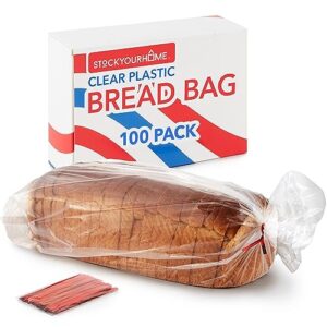 100 pack clear plastic bread bags for homemade bread adjustable and reusable large disposable storage bag with twist ties for fresh home-made sourdough loaf, freezer safe airtight bpa-free