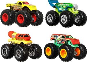 hot wheels monster trucks, 1:64 scale monster trucks toy trucks, set of 4, giant wheels, favorite characters and cool designs