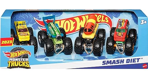 Hot Wheels Monster Trucks, 1:64 Scale Monster Trucks Toy Trucks, Set of 4, Giant Wheels, Favorite Characters and Cool Designs