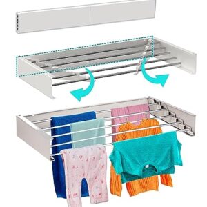 EWODE Clothes Drying Rack Wall Mounted, Collapsible Retractable Laundry Drying Rack, 60 lbs Capacity, 13,1 Linear Ft, 31,5" Width (White)