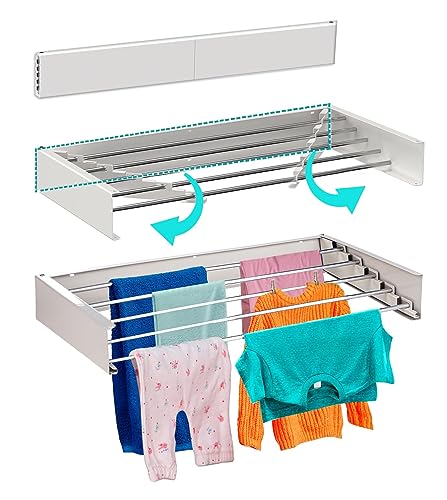 EWODE Clothes Drying Rack Wall Mounted, Collapsible Retractable Laundry Drying Rack, 60 lbs Capacity, 13,1 Linear Ft, 31,5" Width (White)