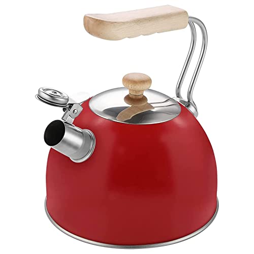 Tea Kettle Stove Top Stainless Steel Teapot Whistling Teakettle, Tea Pots for Stove Top With Wood Pattern Handle, Gas Electric Applicable, 2.5 Liter red