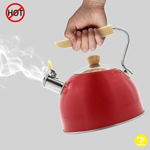 Tea Kettle Stove Top Stainless Steel Teapot Whistling Teakettle, Tea Pots for Stove Top With Wood Pattern Handle, Gas Electric Applicable, 2.5 Liter red