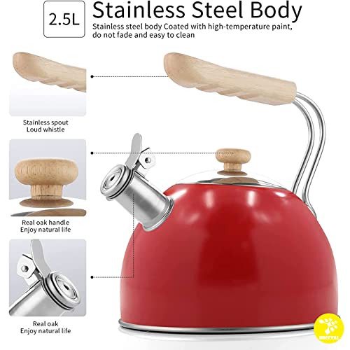 Tea Kettle Stove Top Stainless Steel Teapot Whistling Teakettle, Tea Pots for Stove Top With Wood Pattern Handle, Gas Electric Applicable, 2.5 Liter red