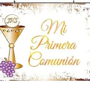 Holy Communion Party Backdrop Photograph Mi Primera Comunion Purple Grapes Background God Bless Decor Prop Photozone Photo Studio Banner Vinyl (7ft×5ft)